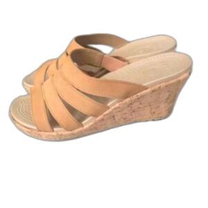 CROCS A-Leigh SIZE 9 Tan CORK Wedge Heel Strappy Leather Slide‎ Sandals